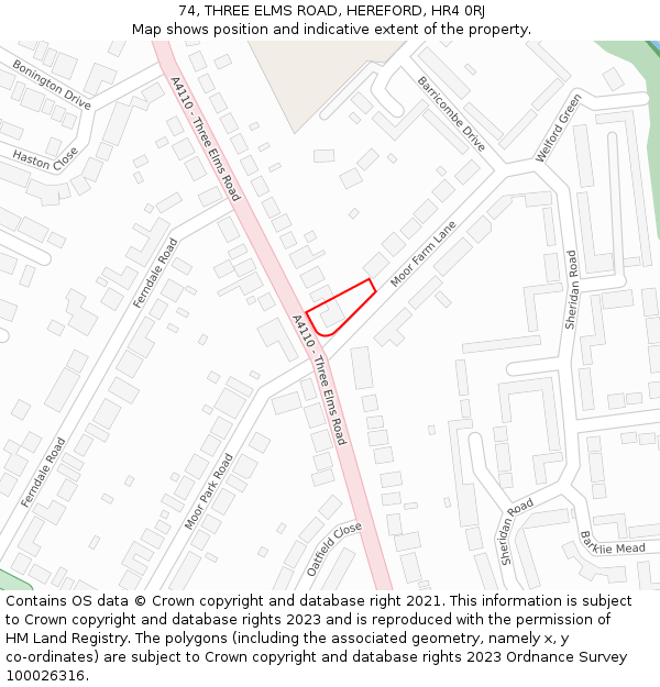 74, THREE ELMS ROAD, HEREFORD, HR4 0RJ: Location map and indicative extent of plot