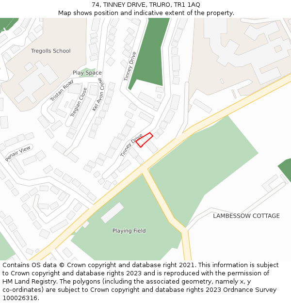 74, TINNEY DRIVE, TRURO, TR1 1AQ: Location map and indicative extent of plot