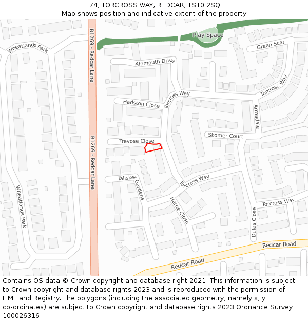 74, TORCROSS WAY, REDCAR, TS10 2SQ: Location map and indicative extent of plot