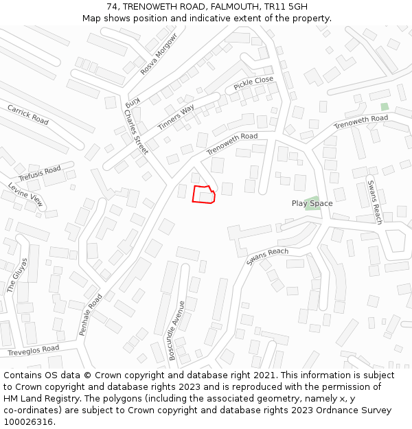 74, TRENOWETH ROAD, FALMOUTH, TR11 5GH: Location map and indicative extent of plot