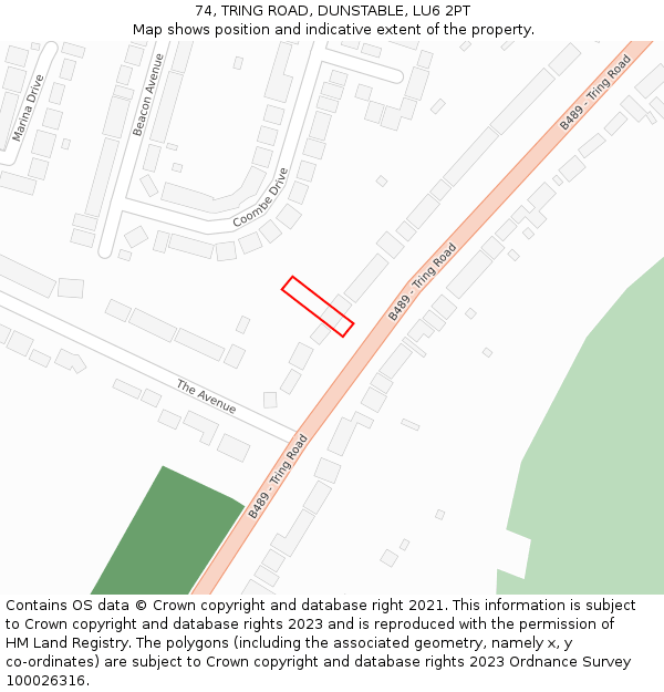 74, TRING ROAD, DUNSTABLE, LU6 2PT: Location map and indicative extent of plot