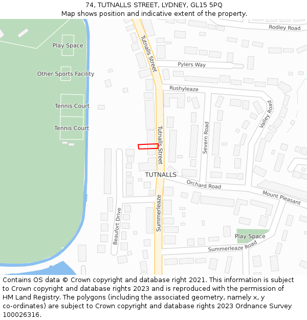 74, TUTNALLS STREET, LYDNEY, GL15 5PQ: Location map and indicative extent of plot