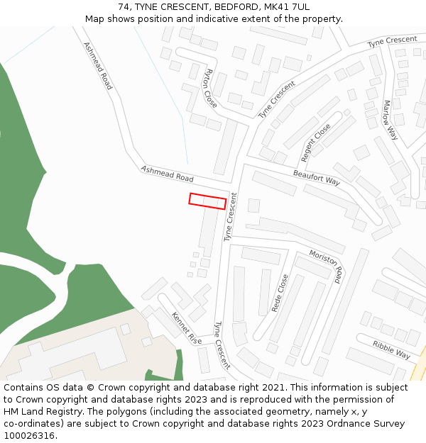 74, TYNE CRESCENT, BEDFORD, MK41 7UL: Location map and indicative extent of plot