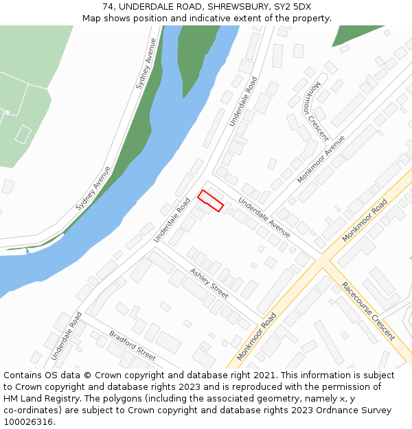 74, UNDERDALE ROAD, SHREWSBURY, SY2 5DX: Location map and indicative extent of plot