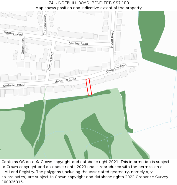 74, UNDERHILL ROAD, BENFLEET, SS7 1ER: Location map and indicative extent of plot