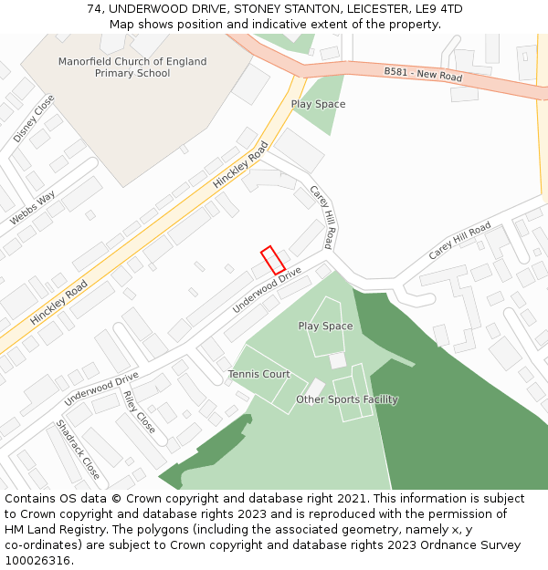 74, UNDERWOOD DRIVE, STONEY STANTON, LEICESTER, LE9 4TD: Location map and indicative extent of plot