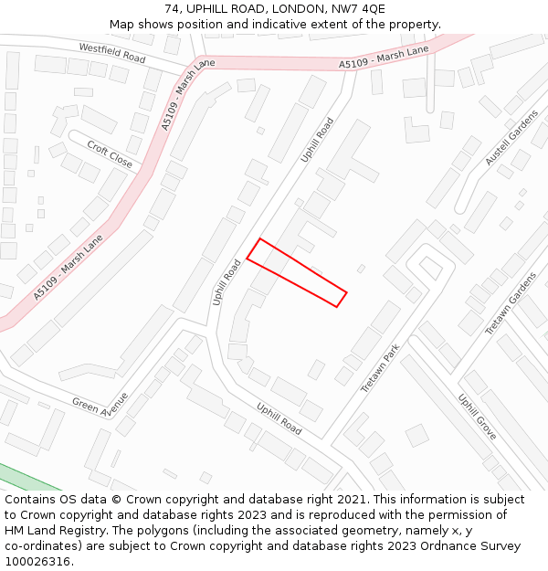 74, UPHILL ROAD, LONDON, NW7 4QE: Location map and indicative extent of plot