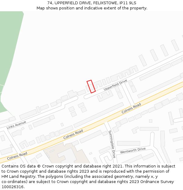 74, UPPERFIELD DRIVE, FELIXSTOWE, IP11 9LS: Location map and indicative extent of plot