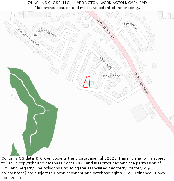 74, WHINS CLOSE, HIGH HARRINGTON, WORKINGTON, CA14 4AD: Location map and indicative extent of plot