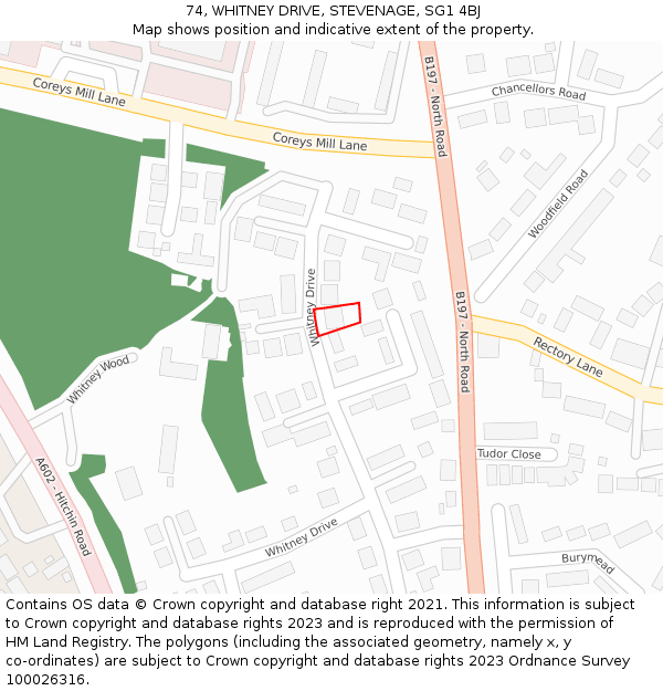 74, WHITNEY DRIVE, STEVENAGE, SG1 4BJ: Location map and indicative extent of plot