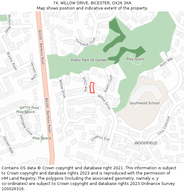 74, WILLOW DRIVE, BICESTER, OX26 3XA: Location map and indicative extent of plot