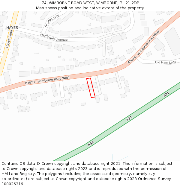 74, WIMBORNE ROAD WEST, WIMBORNE, BH21 2DP: Location map and indicative extent of plot