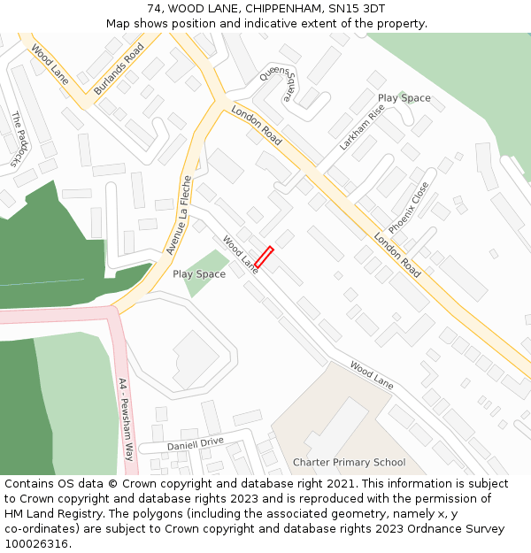 74, WOOD LANE, CHIPPENHAM, SN15 3DT: Location map and indicative extent of plot