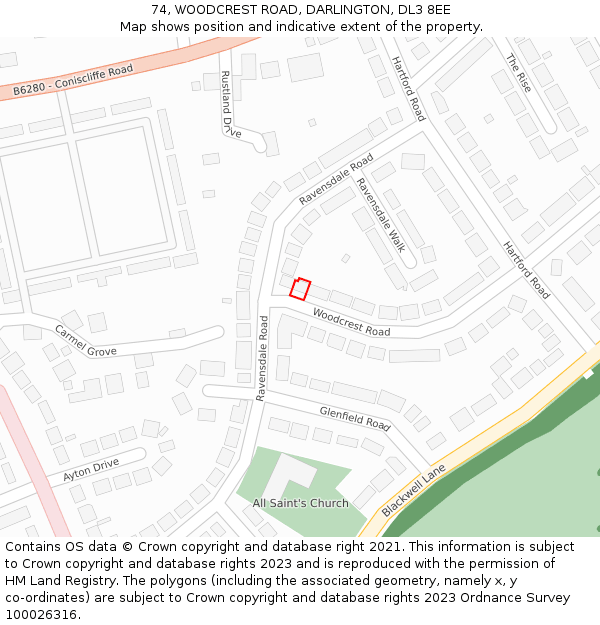 74, WOODCREST ROAD, DARLINGTON, DL3 8EE: Location map and indicative extent of plot