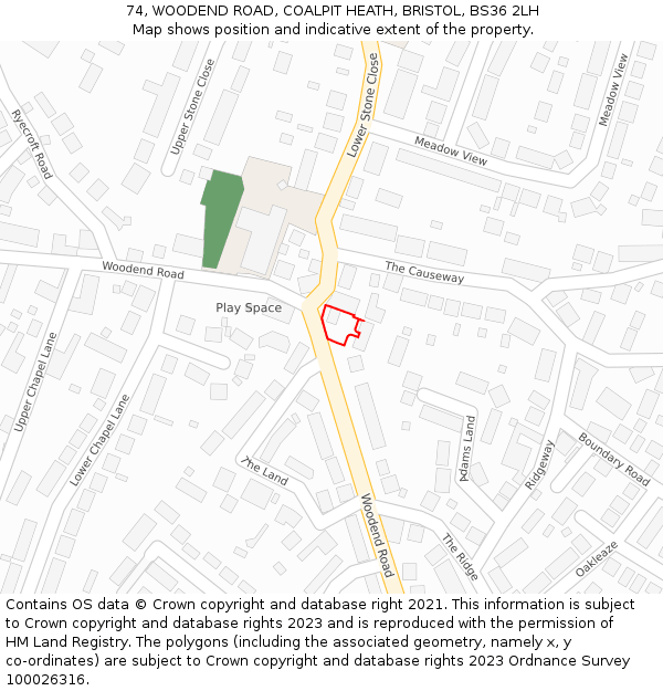 74, WOODEND ROAD, COALPIT HEATH, BRISTOL, BS36 2LH: Location map and indicative extent of plot