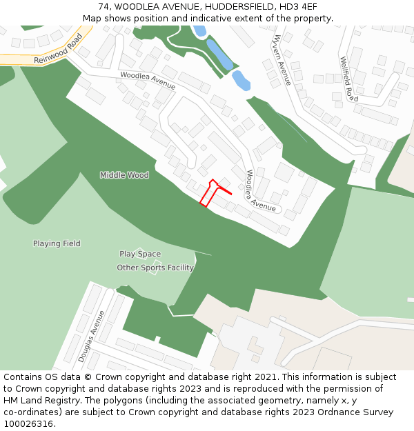 74, WOODLEA AVENUE, HUDDERSFIELD, HD3 4EF: Location map and indicative extent of plot