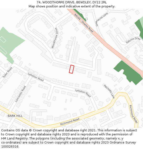 74, WOODTHORPE DRIVE, BEWDLEY, DY12 2RL: Location map and indicative extent of plot