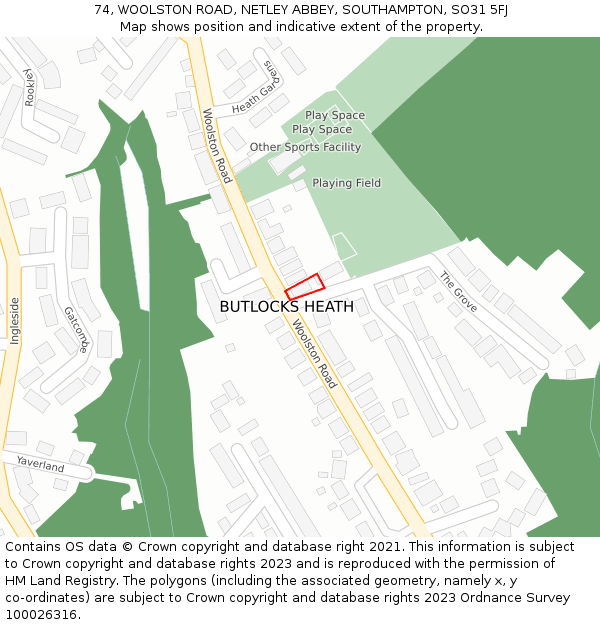 74, WOOLSTON ROAD, NETLEY ABBEY, SOUTHAMPTON, SO31 5FJ: Location map and indicative extent of plot
