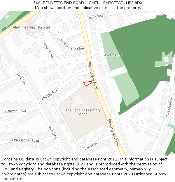 74A, BENNETTS END ROAD, HEMEL HEMPSTEAD, HP3 8DX: Location map and indicative extent of plot