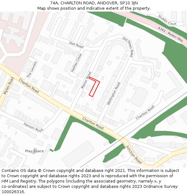 74A, CHARLTON ROAD, ANDOVER, SP10 3JN: Location map and indicative extent of plot