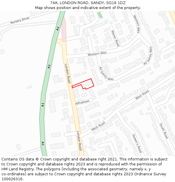 74A, LONDON ROAD, SANDY, SG19 1DZ: Location map and indicative extent of plot