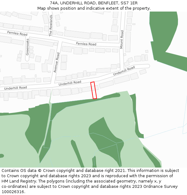 74A, UNDERHILL ROAD, BENFLEET, SS7 1ER: Location map and indicative extent of plot