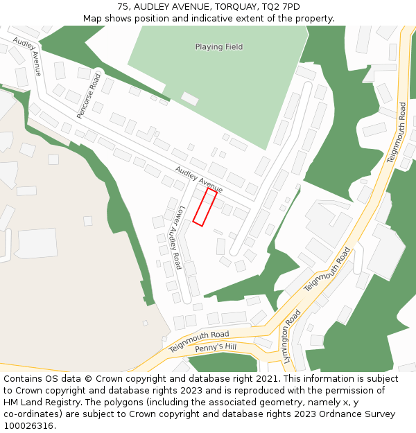 75, AUDLEY AVENUE, TORQUAY, TQ2 7PD: Location map and indicative extent of plot