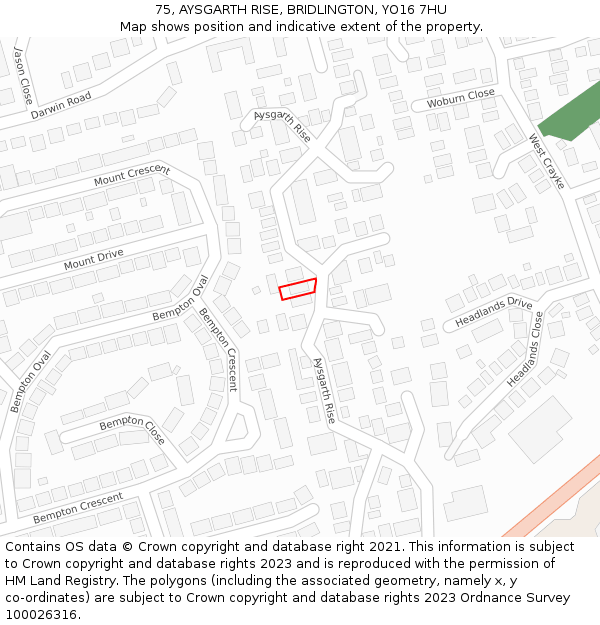 75, AYSGARTH RISE, BRIDLINGTON, YO16 7HU: Location map and indicative extent of plot