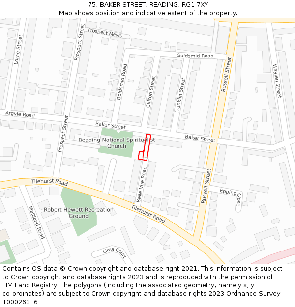 75, BAKER STREET, READING, RG1 7XY: Location map and indicative extent of plot