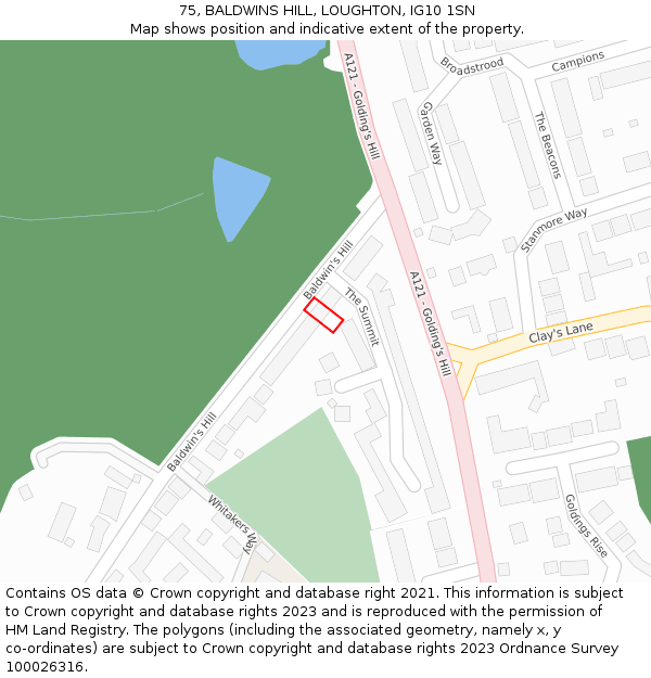 75, BALDWINS HILL, LOUGHTON, IG10 1SN: Location map and indicative extent of plot
