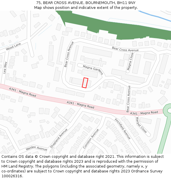 75, BEAR CROSS AVENUE, BOURNEMOUTH, BH11 9NY: Location map and indicative extent of plot