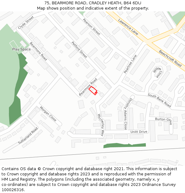 75, BEARMORE ROAD, CRADLEY HEATH, B64 6DU: Location map and indicative extent of plot