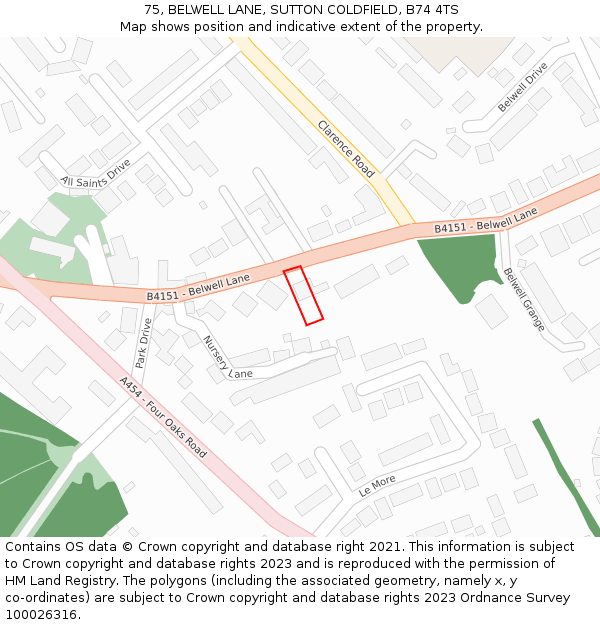 75, BELWELL LANE, SUTTON COLDFIELD, B74 4TS: Location map and indicative extent of plot