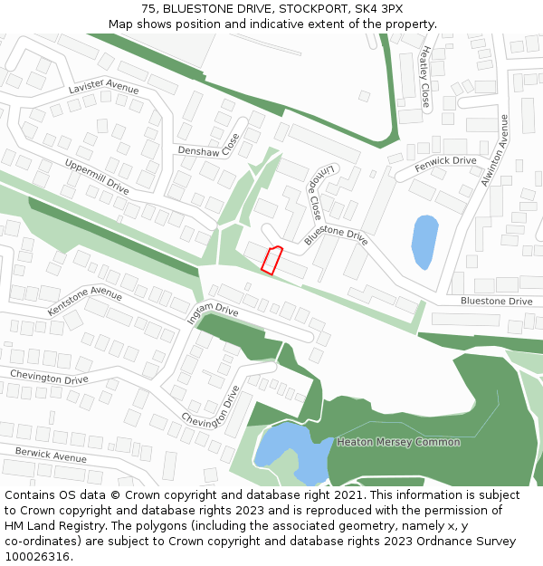 75, BLUESTONE DRIVE, STOCKPORT, SK4 3PX: Location map and indicative extent of plot
