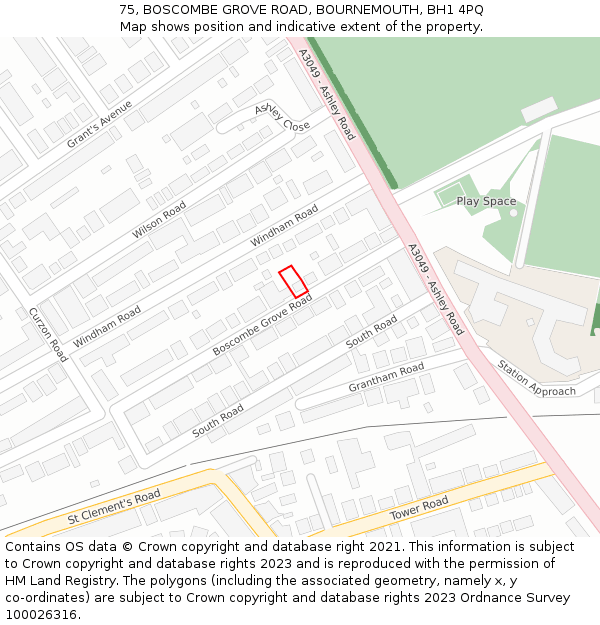 75, BOSCOMBE GROVE ROAD, BOURNEMOUTH, BH1 4PQ: Location map and indicative extent of plot