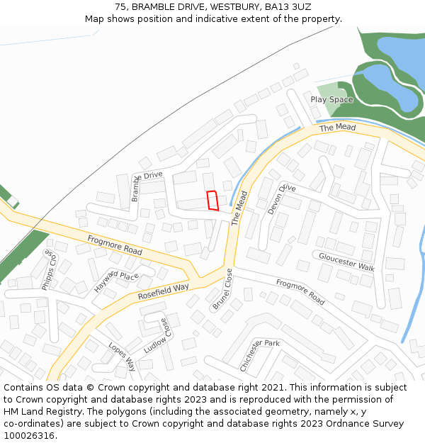 75, BRAMBLE DRIVE, WESTBURY, BA13 3UZ: Location map and indicative extent of plot