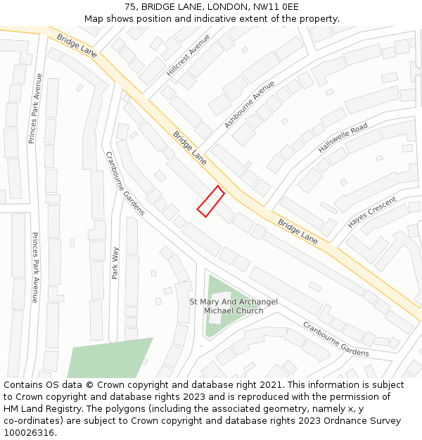 75, BRIDGE LANE, LONDON, NW11 0EE: Location map and indicative extent of plot