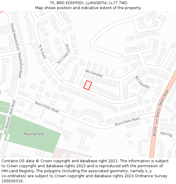 75, BRO EDNYFED, LLANGEFNI, LL77 7WD: Location map and indicative extent of plot