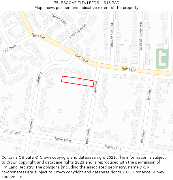 75, BROOMFIELD, LEEDS, LS16 7AD: Location map and indicative extent of plot