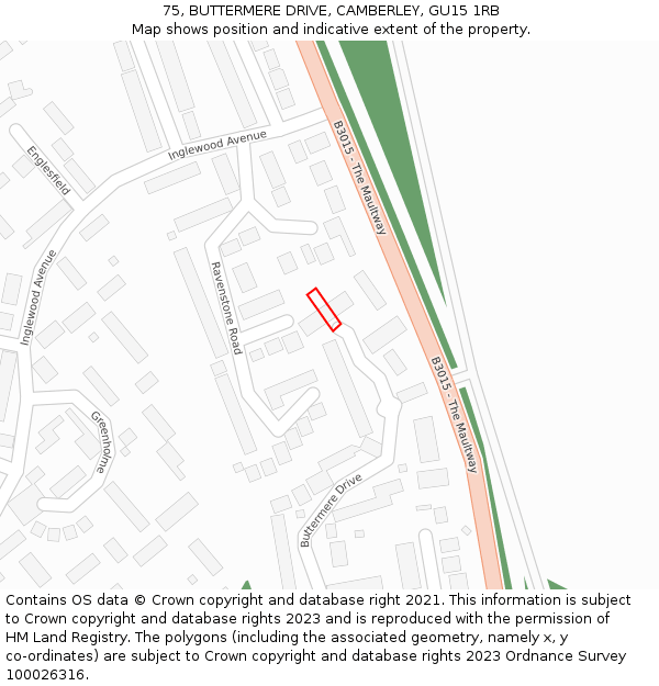 75, BUTTERMERE DRIVE, CAMBERLEY, GU15 1RB: Location map and indicative extent of plot