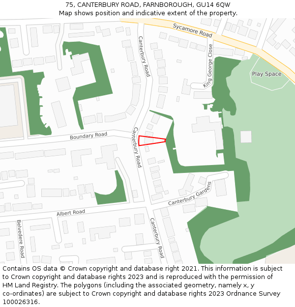 75, CANTERBURY ROAD, FARNBOROUGH, GU14 6QW: Location map and indicative extent of plot