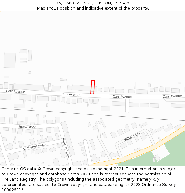 75, CARR AVENUE, LEISTON, IP16 4JA: Location map and indicative extent of plot