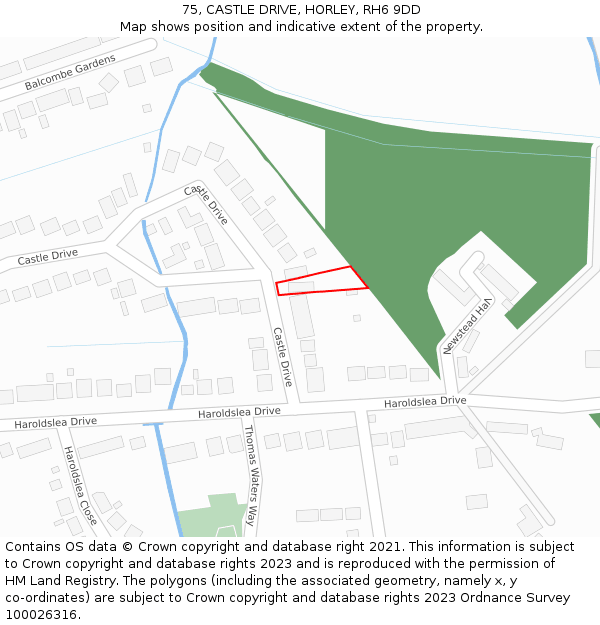 75, CASTLE DRIVE, HORLEY, RH6 9DD: Location map and indicative extent of plot