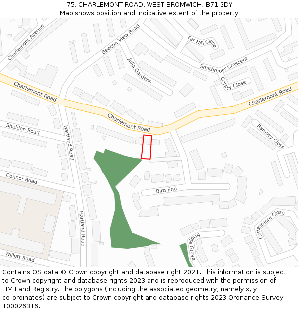 75, CHARLEMONT ROAD, WEST BROMWICH, B71 3DY: Location map and indicative extent of plot
