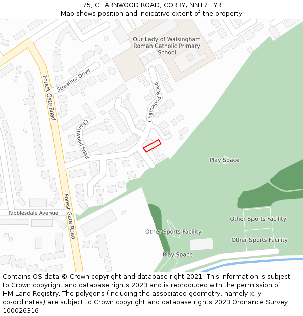 75, CHARNWOOD ROAD, CORBY, NN17 1YR: Location map and indicative extent of plot