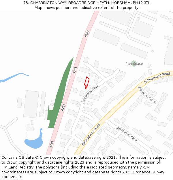 75, CHARRINGTON WAY, BROADBRIDGE HEATH, HORSHAM, RH12 3TL: Location map and indicative extent of plot