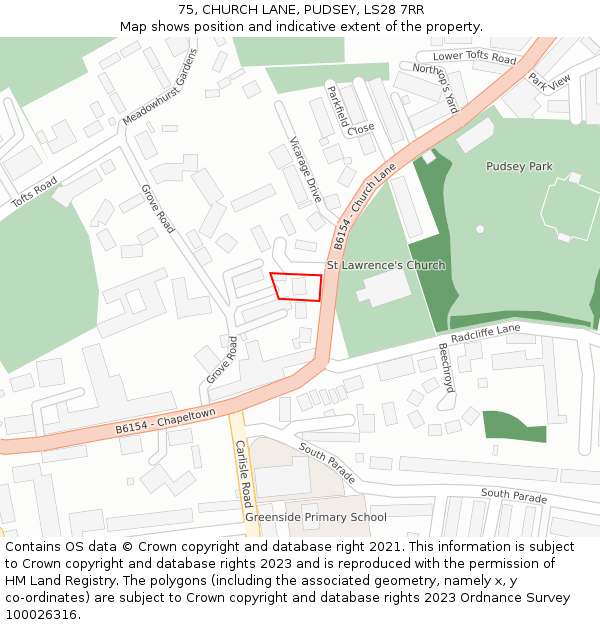 75, CHURCH LANE, PUDSEY, LS28 7RR: Location map and indicative extent of plot