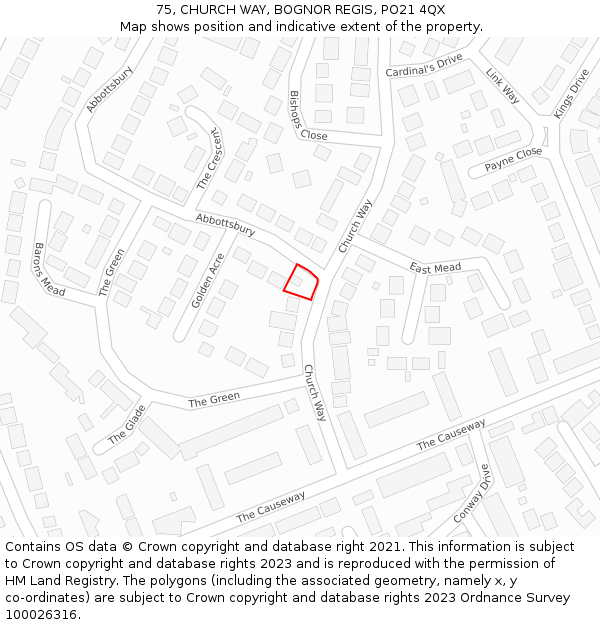 75, CHURCH WAY, BOGNOR REGIS, PO21 4QX: Location map and indicative extent of plot