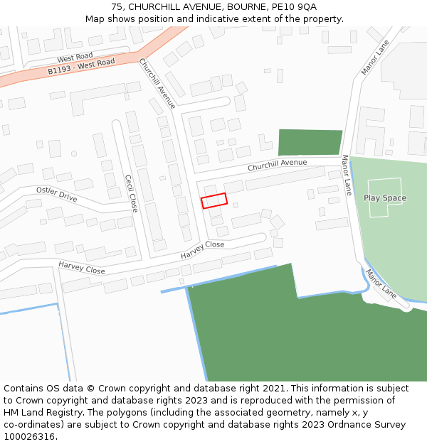 75, CHURCHILL AVENUE, BOURNE, PE10 9QA: Location map and indicative extent of plot