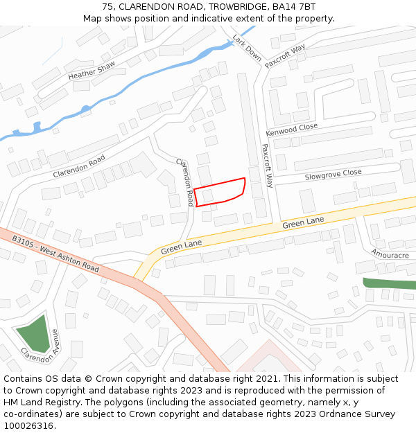 75, CLARENDON ROAD, TROWBRIDGE, BA14 7BT: Location map and indicative extent of plot